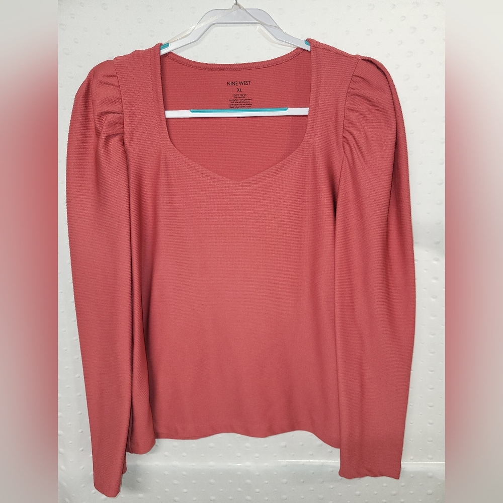 Nine West Puff Sleeve Ribbed Sweetheart Neck Long Sleeve Top